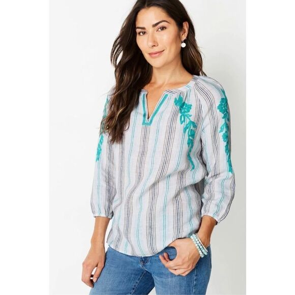 ✨J. Jill Linen Embroidered Striped Blouse✨ - Picture 2 of 8